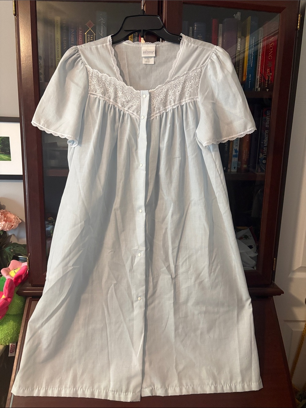 Vintage Adonna Pale Blue Cotton Button-Front Nightgown with Lace
